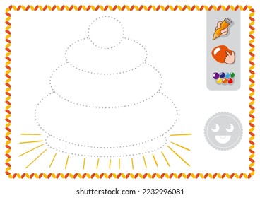 Trace and color for kids. Linear drawing pyramid vector worksheet for preschoolers study