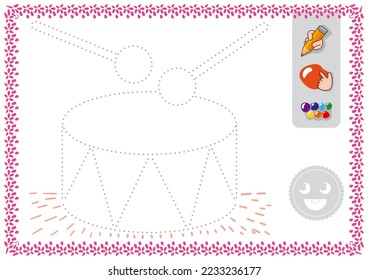 Trace and color for kids. Linear drawing drum vector worksheet for preschoolers study