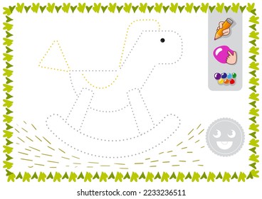 Trace and color for kids. Linear drawing rocking horse vector worksheet for preschoolers study
