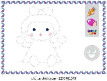 Trace and color for kids. Linear drawing doll vector worksheet for preschoolers girls study