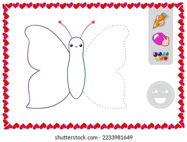 Trace and color for kids. Linear drawing butterfly vector worksheet for preschoolers study