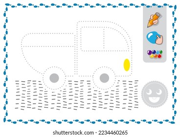 Trace and color for kids. Linear drawing ship vector worksheet for preschoolers writing study