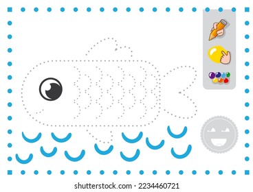 Trace and color for kids. Linear drawing fish in the sea vector worksheet for preschoolers writing study