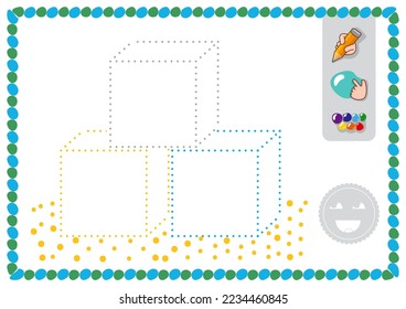 Rastreo y color para los niños. Hoja de cálculo vectorial de cubos de dibujo lineal para el estudio de escritura de preescolares