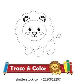 Trace and color for kids, 
lion kawaii vector