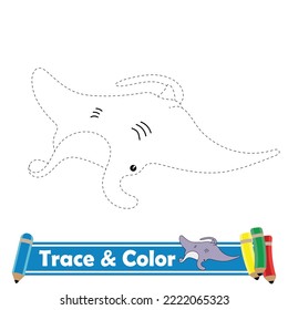 Trace and color for kids, manta kawaii vector
