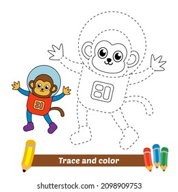 Trace and color for kids, monkey astronaut vector