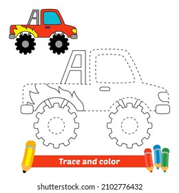 Trace and color for kids, monster truck vector