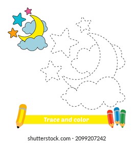 Trace and color for kids, moon and stars vector