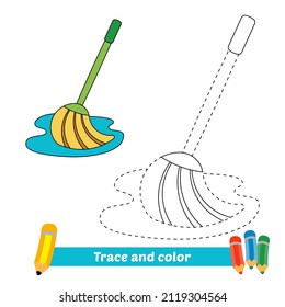 Trace and color for kids, mop vector