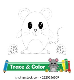 Trace and color for kids, mouse kawaii vector