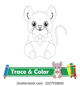 Trace and color for kids, mouse kawaii vector