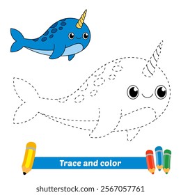 trace and color for kids, narwhal vector