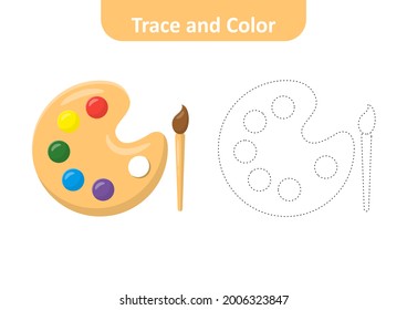Trace and color for kids, paint brush with palette vector