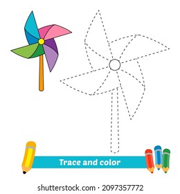 Trace And Color For Kids, Paper Windmill Vector