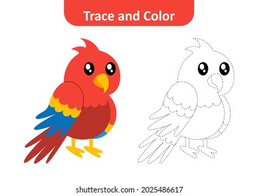 Trace and color for kids, parrot vector