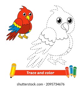 Trace and color for kids, parrot vector