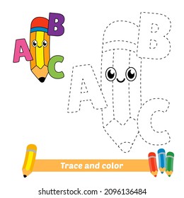 Trace and color for kids, pencil with alphabet vector
