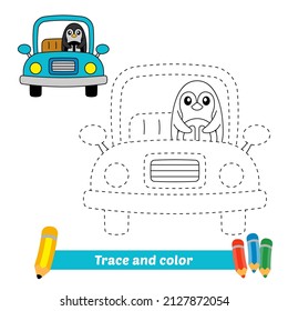 Trace and color for kids, penguin driving car vector