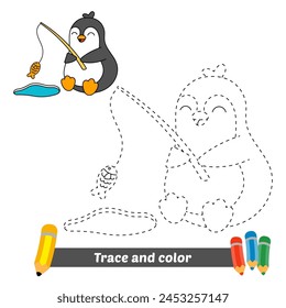 trace and color for kids, penguin fishing vector