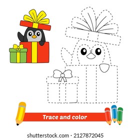 Trace and color for kids, penguin in gift box vector