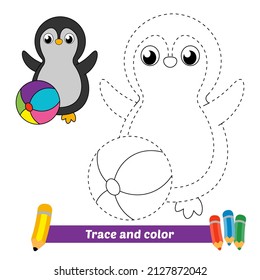 Trace and color for kids, penguin playing ball vector