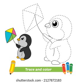 Spur und Farbe für Kinder, Pinguin spielt Drachenvektorgrafik