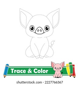 Trace and color for kids, pig kawaii vector