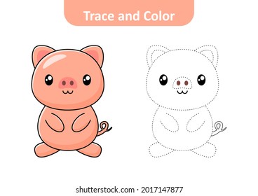 Trace and color for kids, pig vector