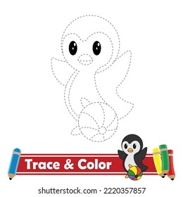 Trace and color for kids, pinguin kawaii vector