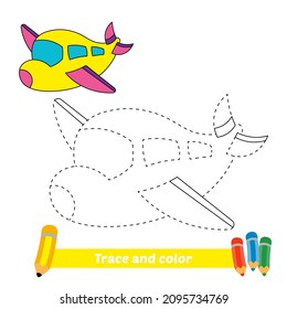 Trace and color for kids, plane vector