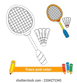 Trace and color for kids, racket and shuttlecock vector