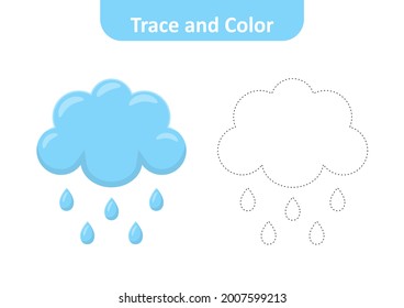 Trace and color for kids, rain cloud vector