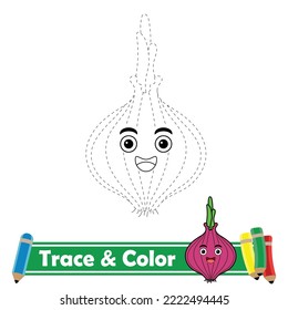 Trace and color for kids, red onion kawaii vector