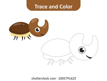 Trace and color for kids, rhinoceros beetle vector