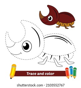 Trace and color for kids, rhinoceros beetle vector