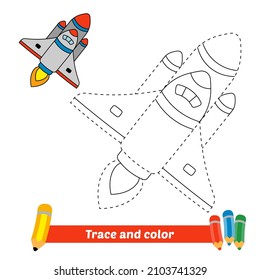 Trace and color for kids, rocket vector