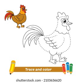 Trace and color for kids, rooster vector