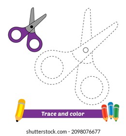 Trace and color for kids, scissors vector