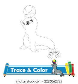 Trace and color for kids, sea lion playing ball
 kawaii vector