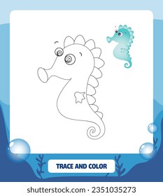 Trace and color for kids. Seahorse in cartoon style. Game for kids.