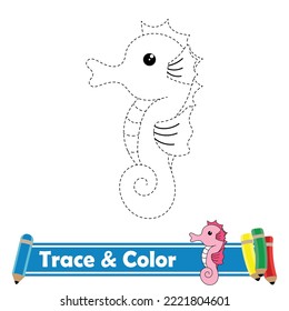 Trace and color for kids, seahorses kawaii vector