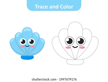 Trace and color for kids, seashell vector