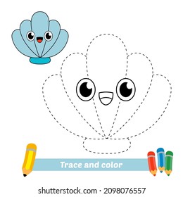 Trace and color for kids, seashell vector