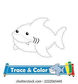 Trace and color for kids, shark kawaii vector