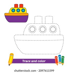 Trace and color for kids, ship vector