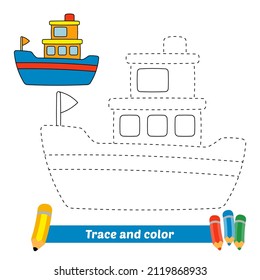 Trace and color for kids, ship vector