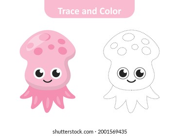 Trace and color for kids, squid vector