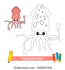 Trace and color for kids, squid vector