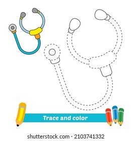 Trace and color for kids, stethoscope vector